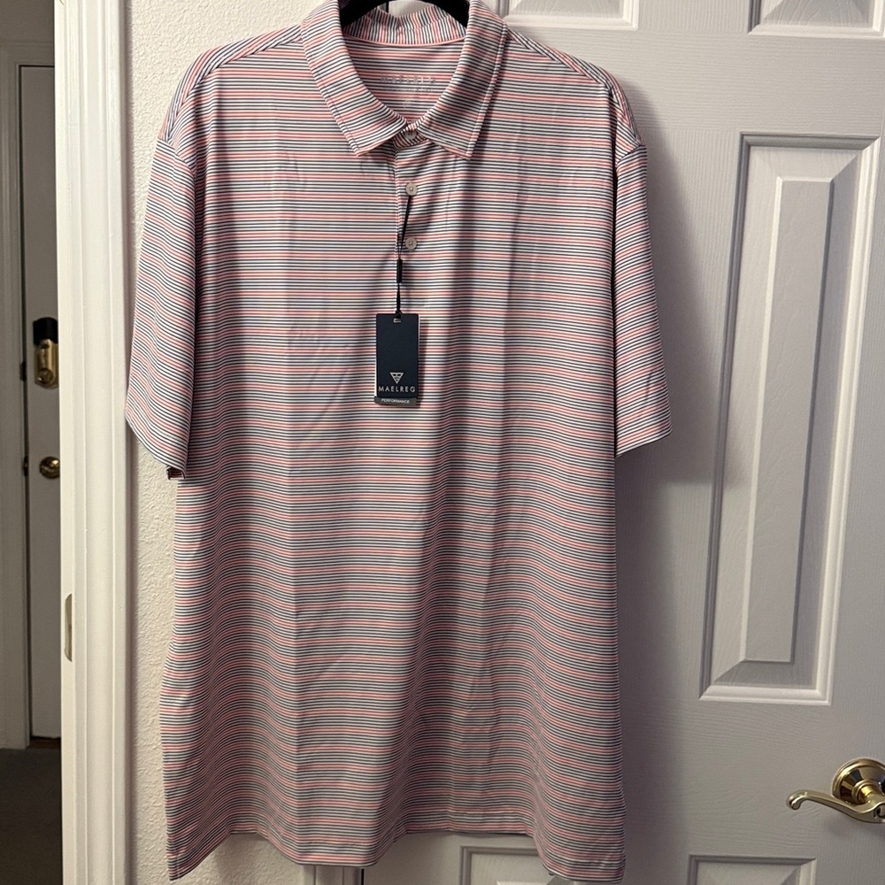 Maelreg Men's Performance Polo/Golf Shirt - Blue & Red Stripes, White. Size 2XL